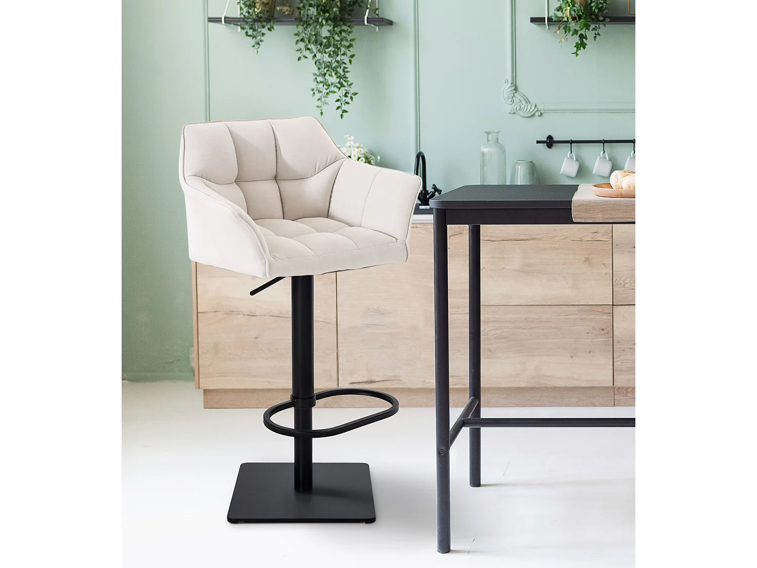 Lot de 2  Tabouret de bar - Tissu & Noir - Blanc - Damaso