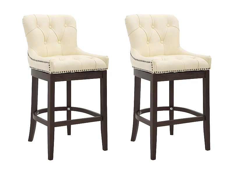 Lot de 2  Tabouret de bar - Véritable cuir & Bois - Crème - Lakewood