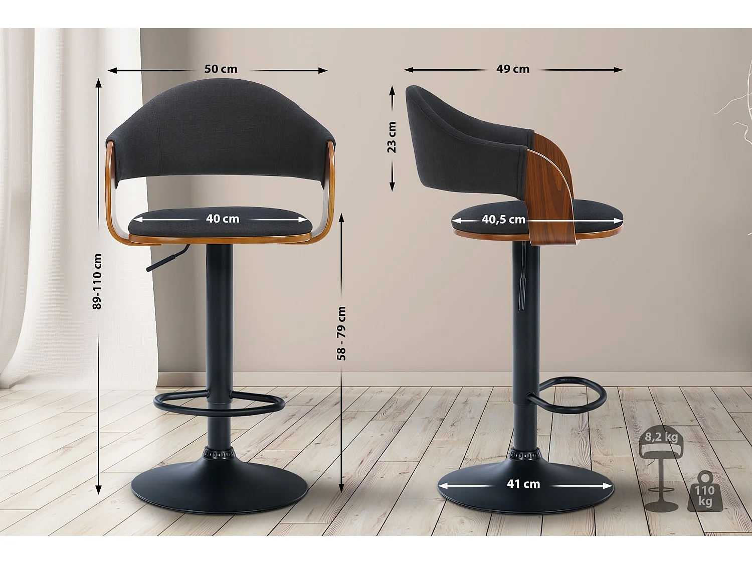 Tabouret de bar - Tissu & Noir - Noyer / Noir - Nilse