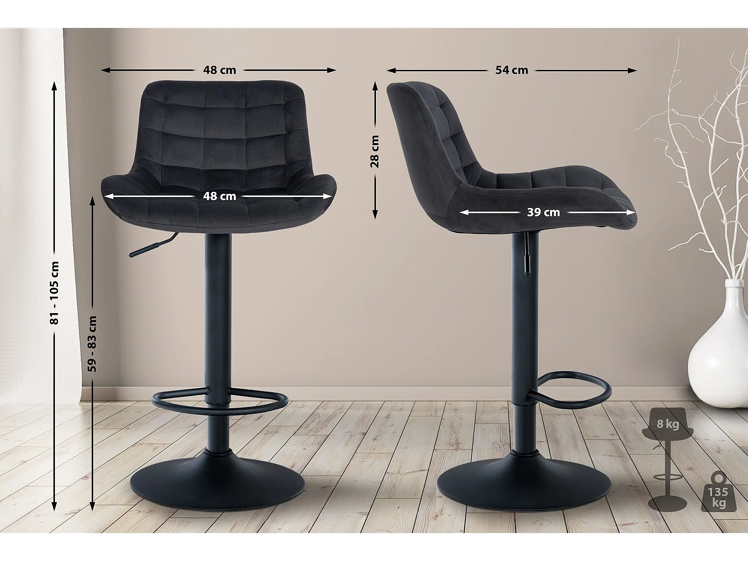 Set van 2  Barkruk - Fluweel - zwart - Tover