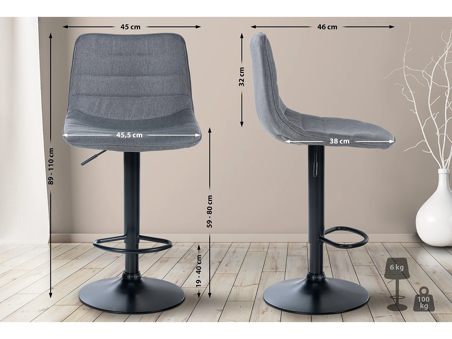 Tabouret de bar - Tissu & Métal - Gris - Lex