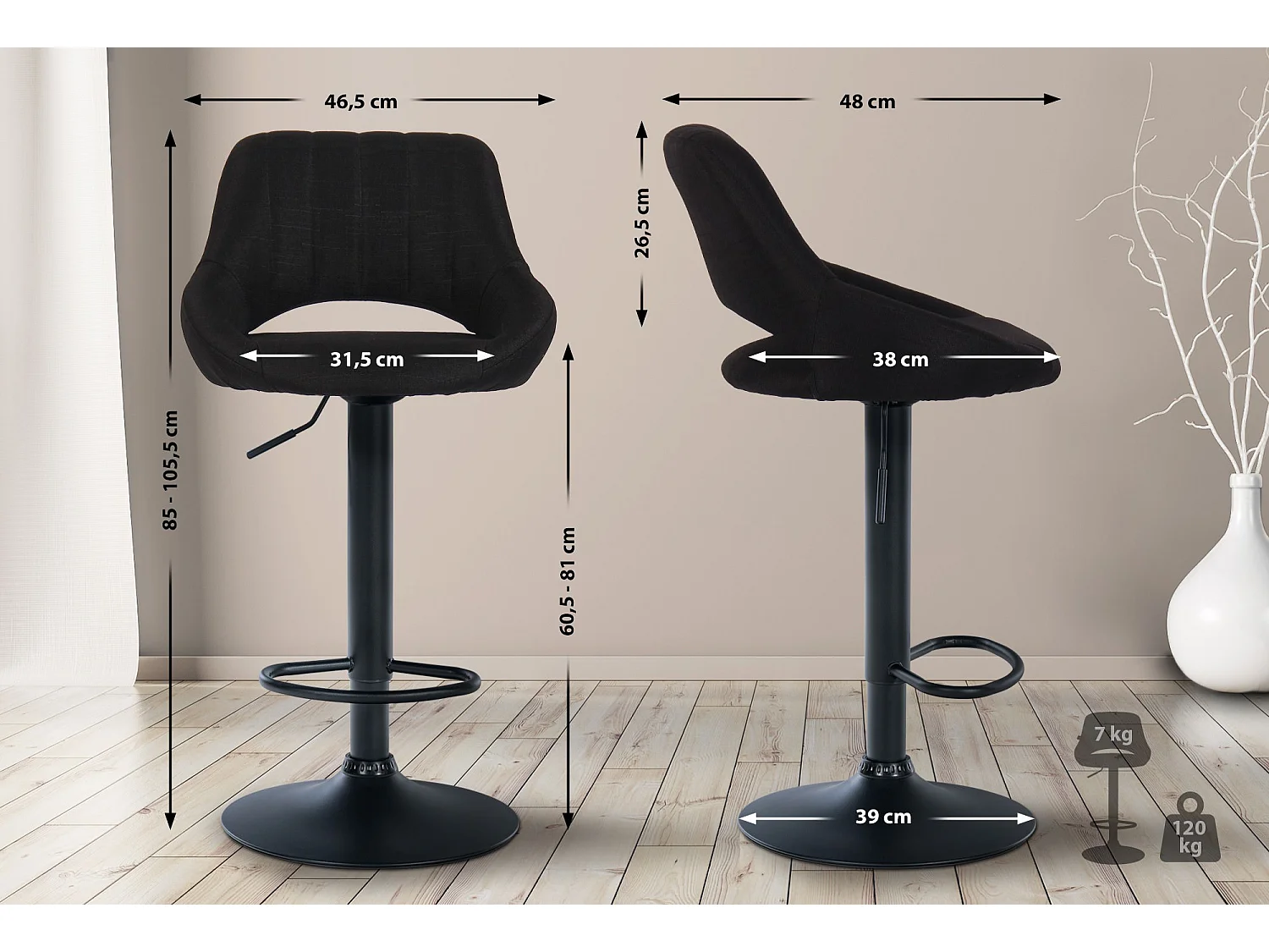 Tabouret de bar - Tissu & Noir - Noir - Milet