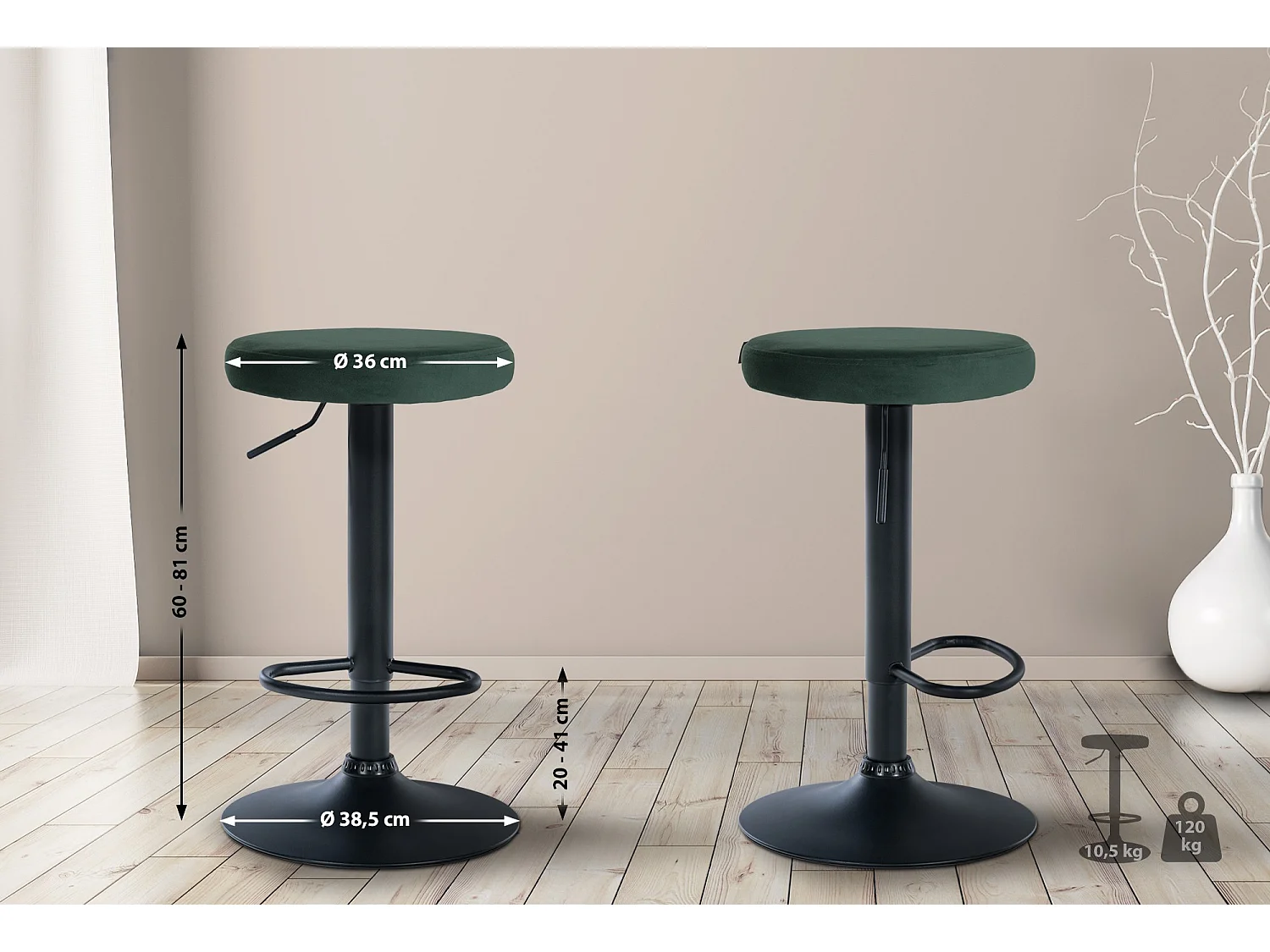 Lot de 2  Tabouret de bar - Velours & Métal noir mat - Vert - Ponte
