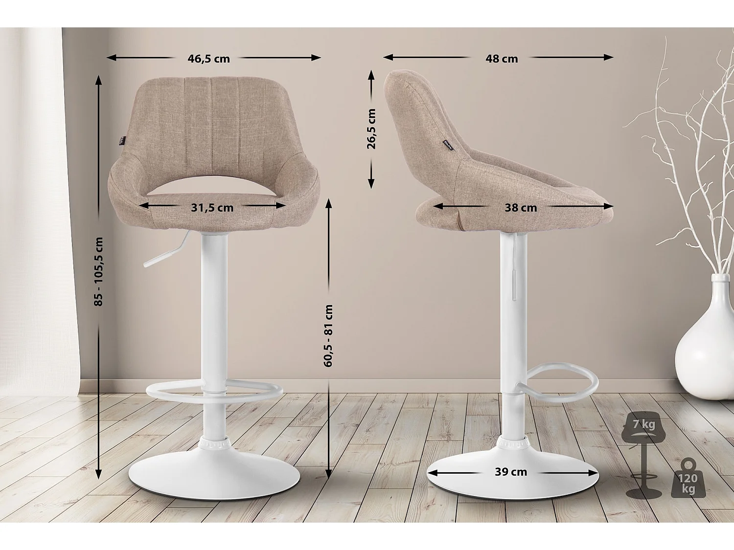 Barhocker - Stoff & weiß - taupe - Milet