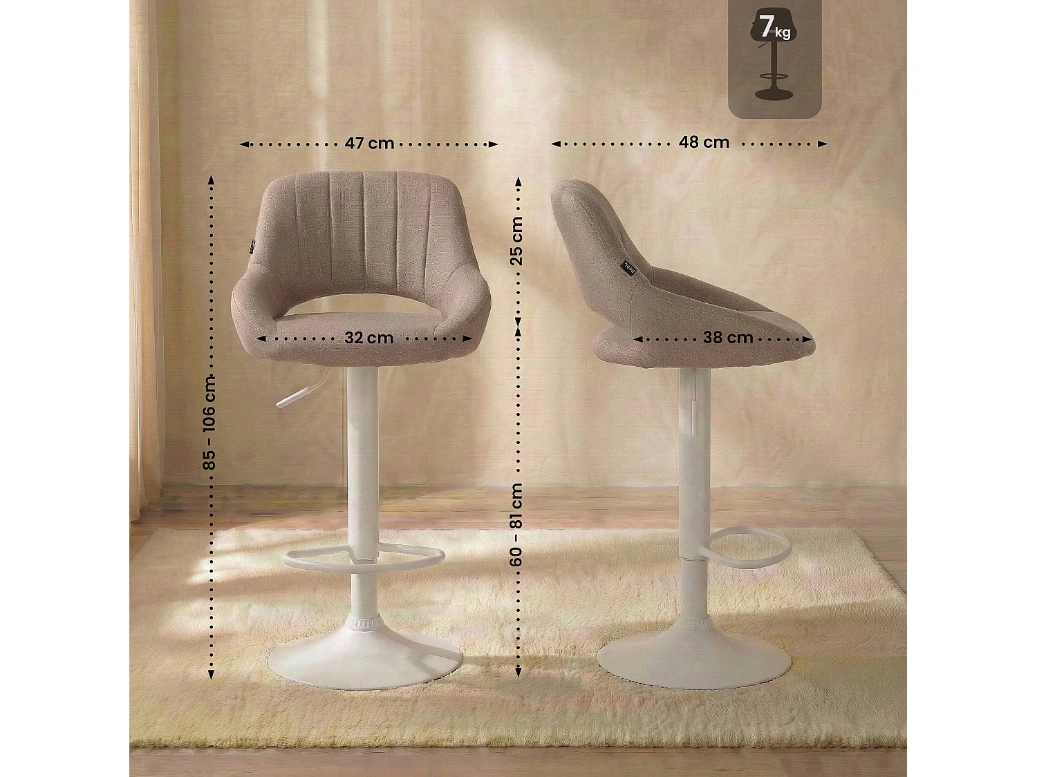 Tabouret de bar - Tissu & Blanc - Taupe - Milet