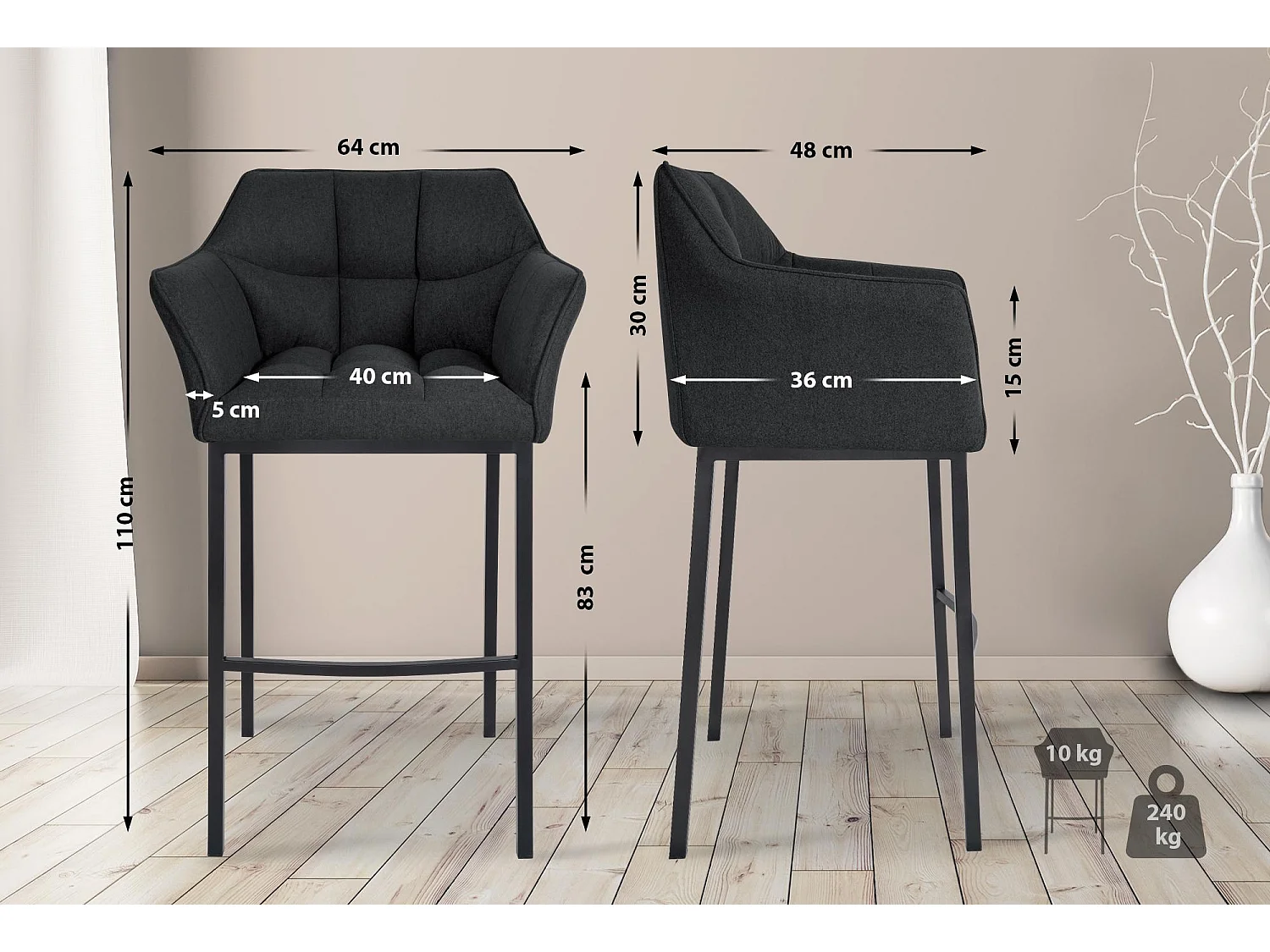 Tabouret de bar - Feutrine & Noir - Anthracite - Damaso