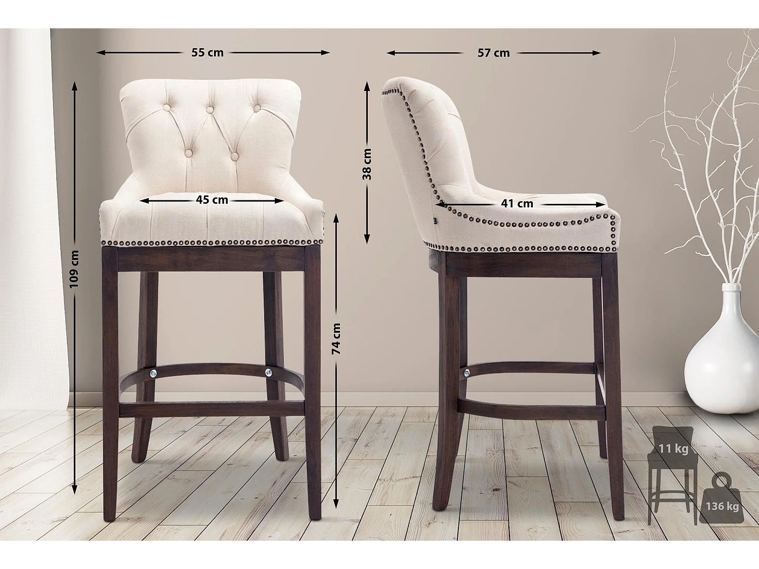 Barkruk - Stof & Hout - creme - Lakewood