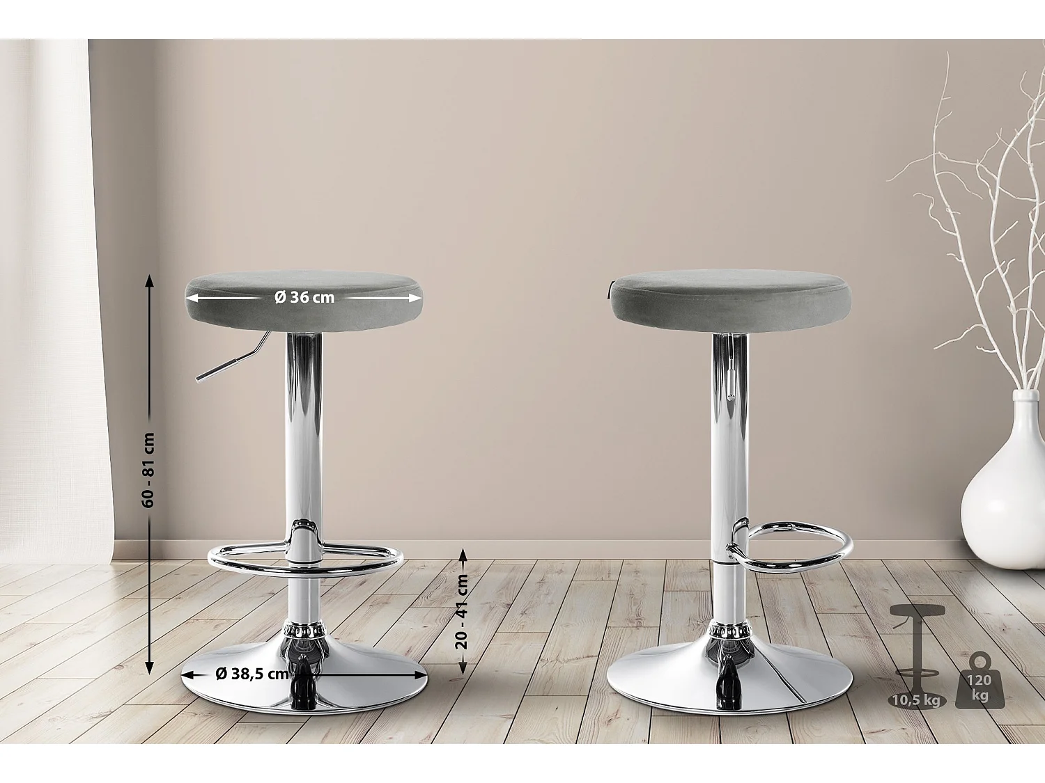 Tabouret de bar - Velours & Chrome - Gris - Ponte