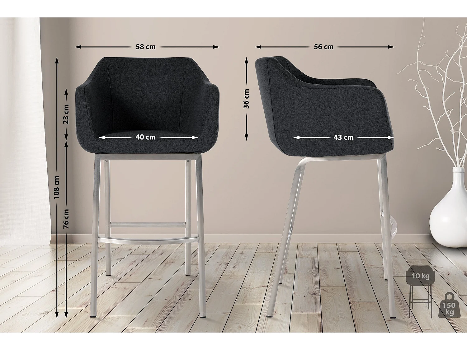 Tabouret de bar - Feutrine & Métal - Anthracite - Monea