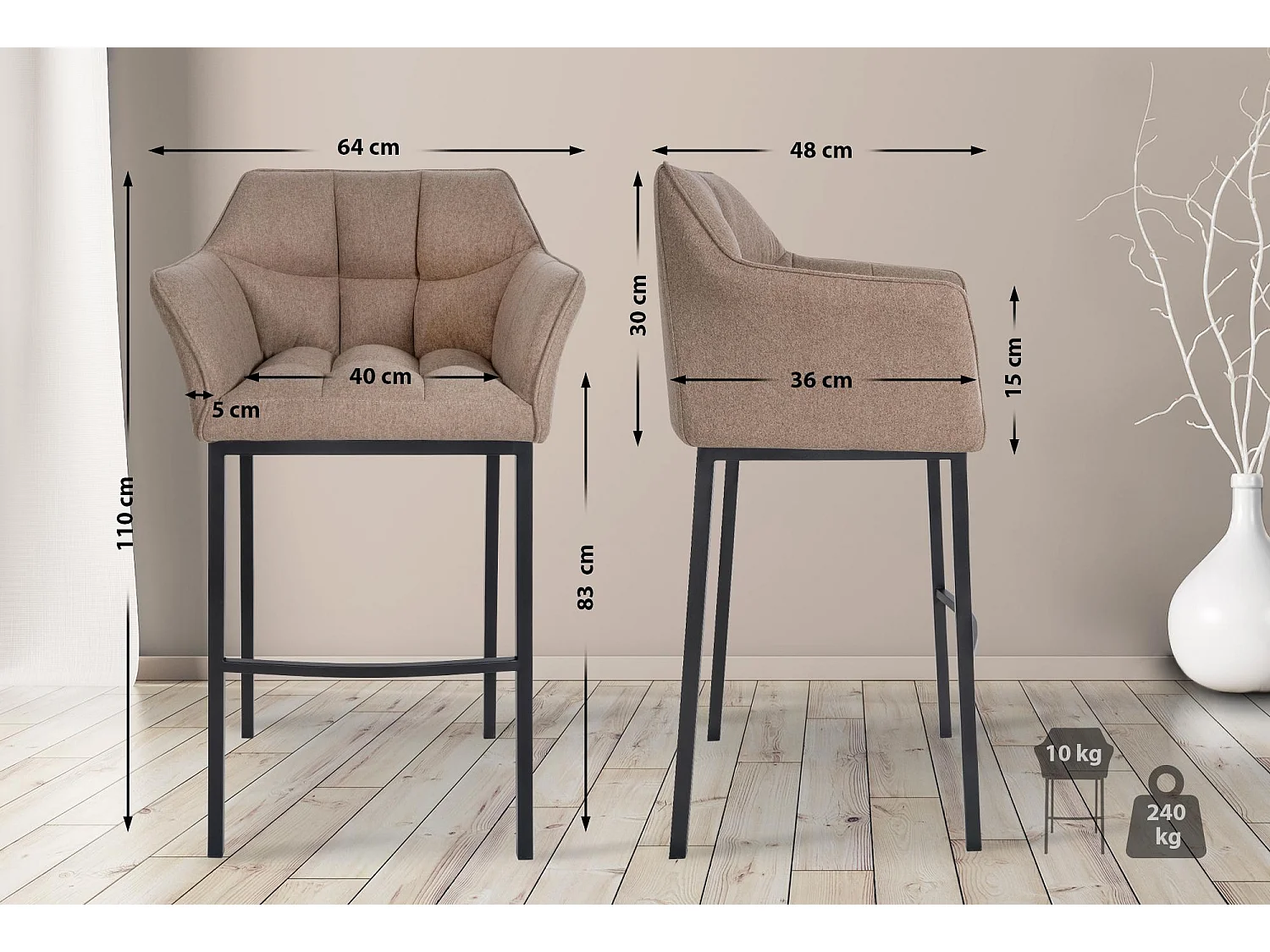 Tabouret de bar - Feutrine & Noir - Taupe - Damaso