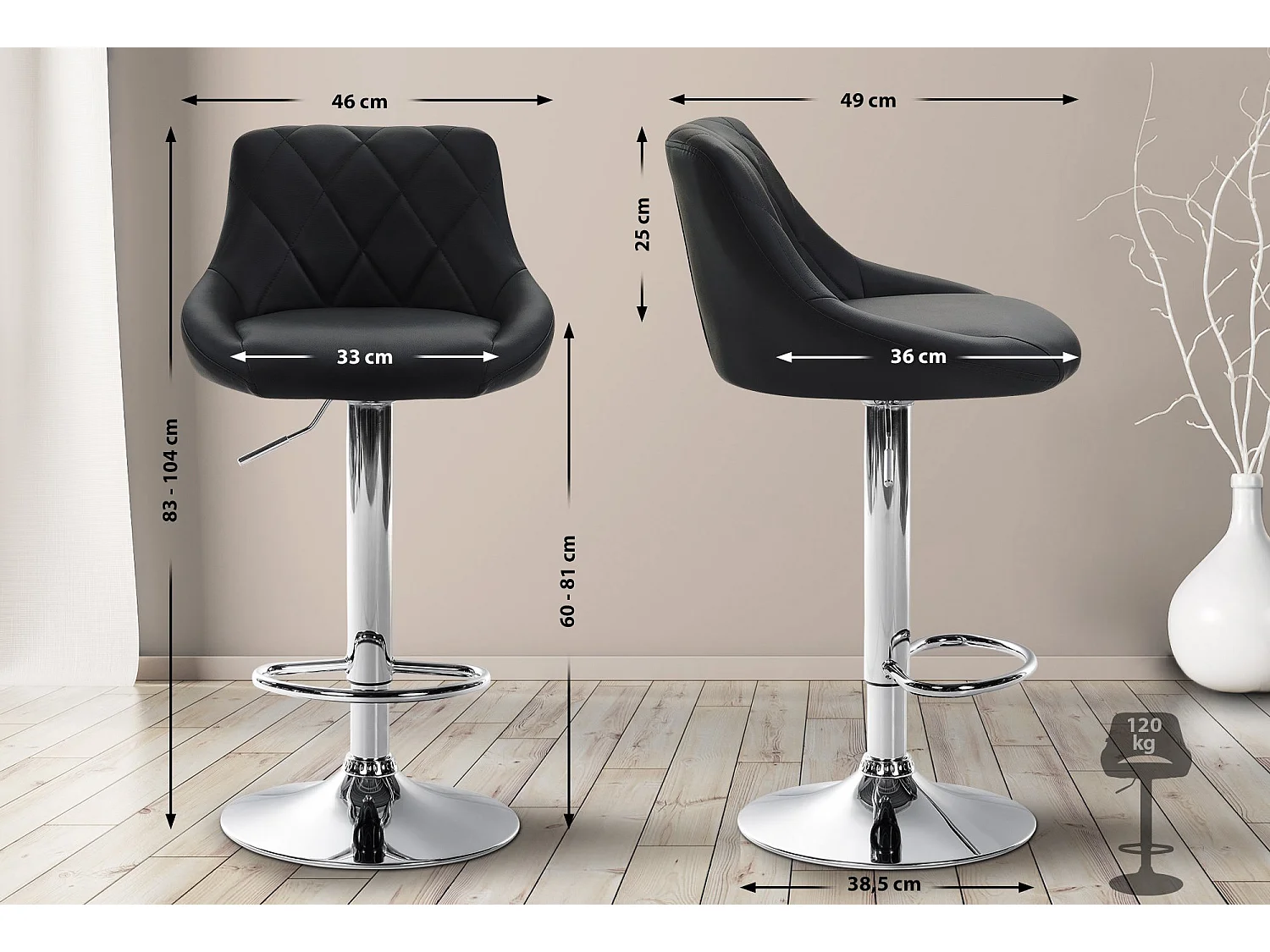 Tabouret de bar - Similicuir & Chrome - Noir - Lazio