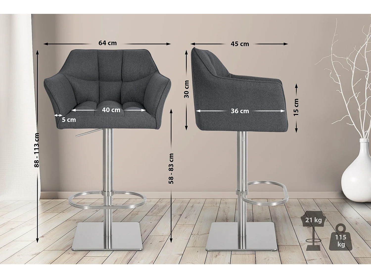 Barhocker - Filz & edelstahl - grau - Damaso