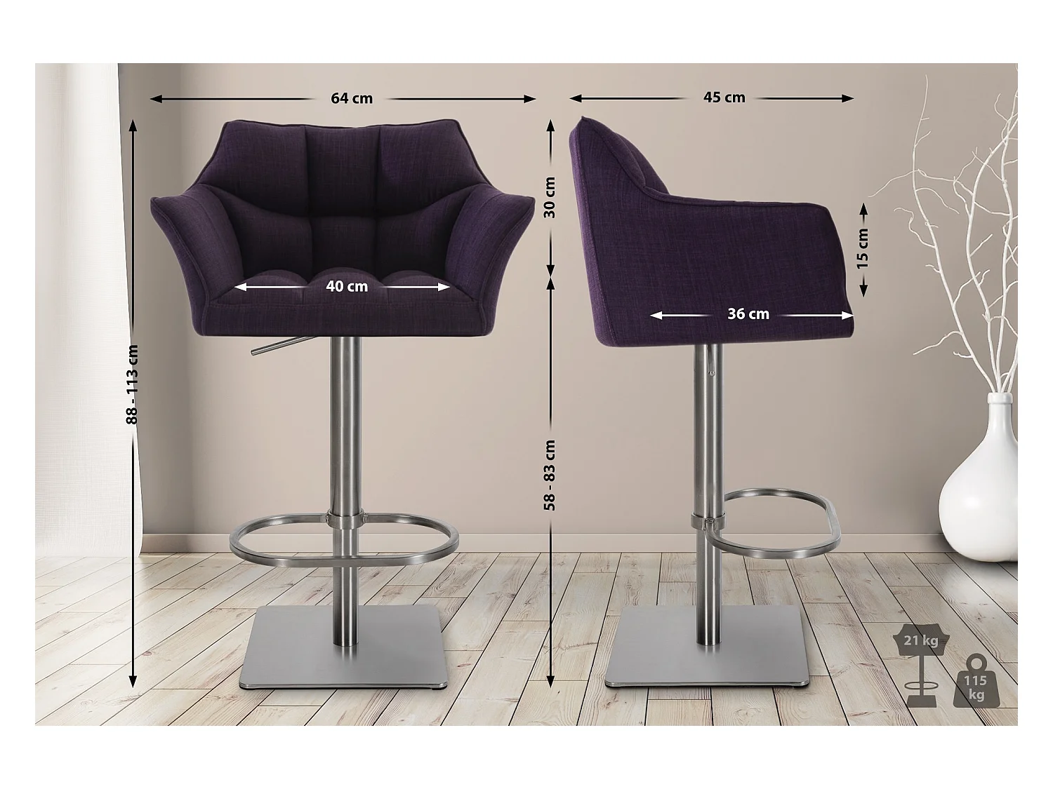 Lot de 2  Tabouret de bar - Tissu & Acier inoxydable - Violet - Damaso