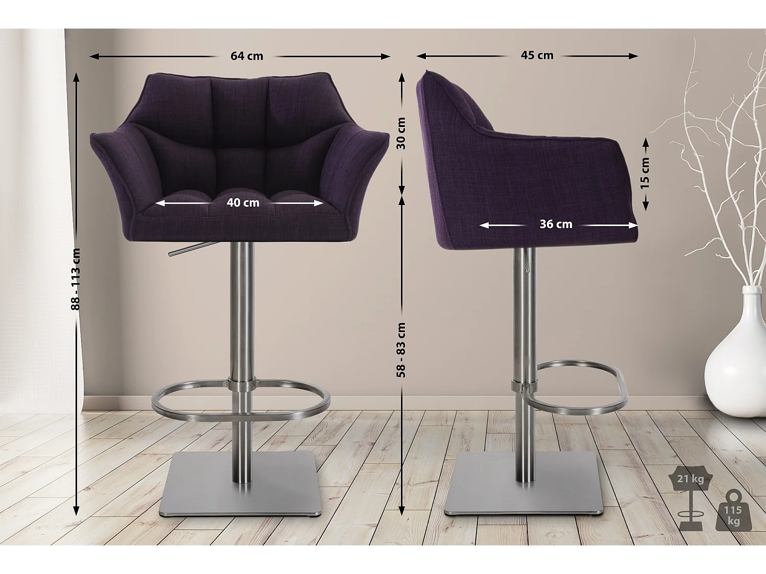 Lot de 2  Tabouret de bar - Tissu & Acier inoxydable - Violet - Damaso