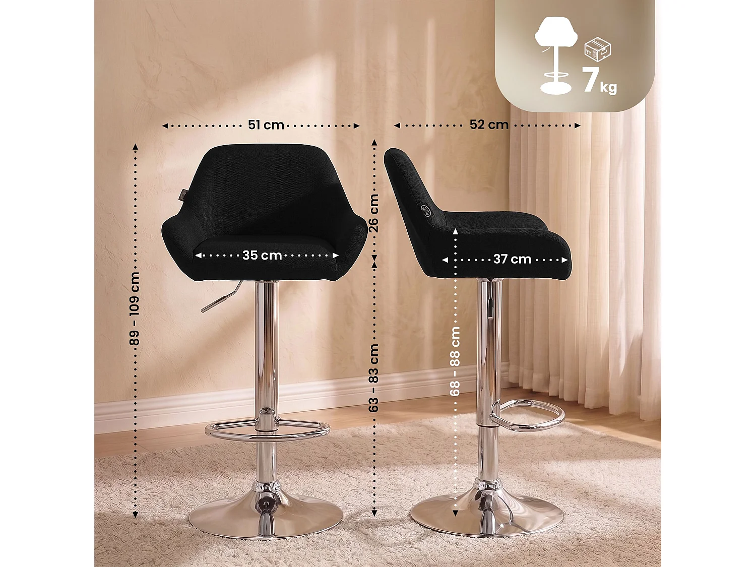 Tabouret de bar - Tissu & Chrome - Noir - Braga