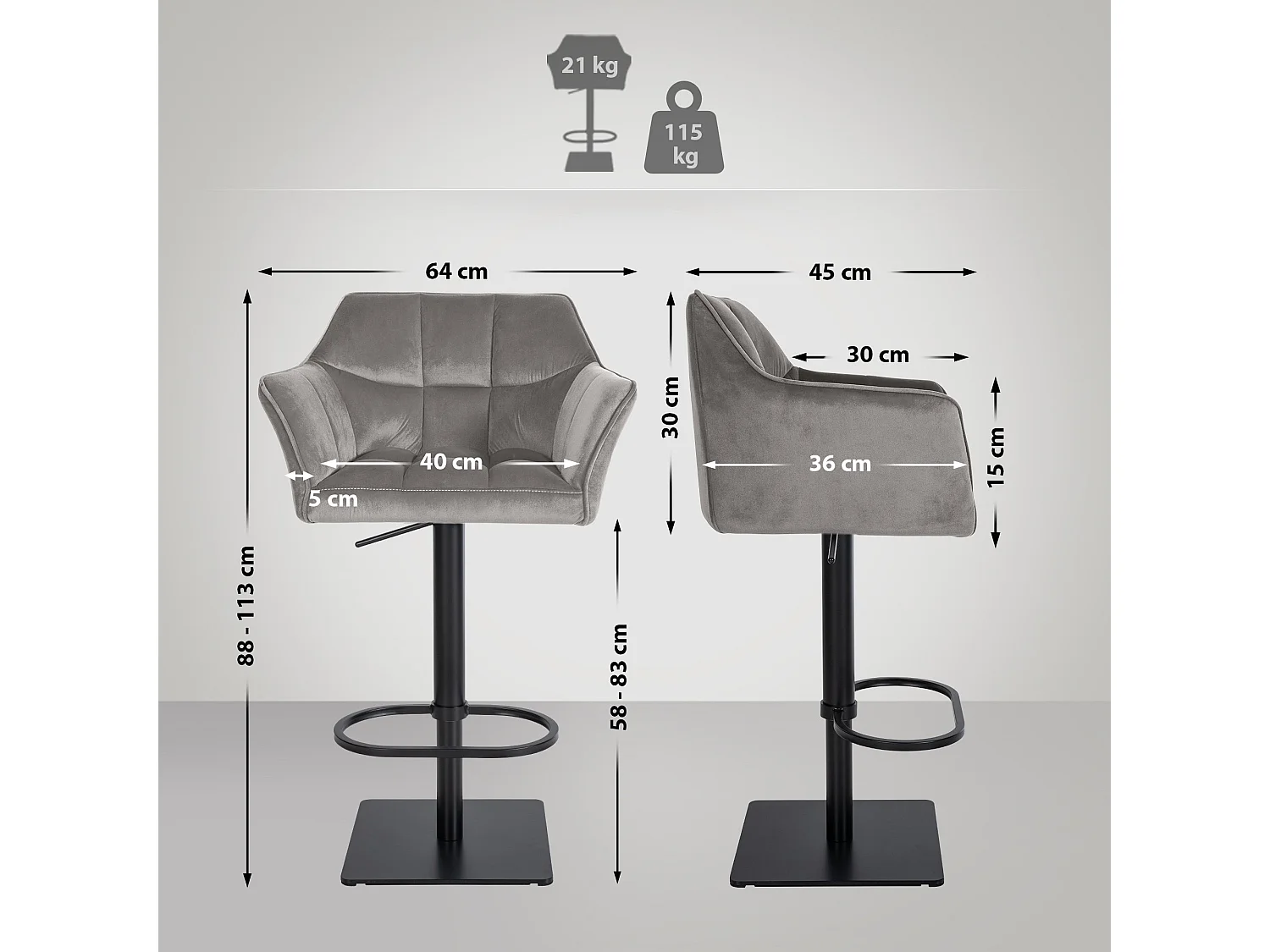 Tabouret de bar - Velours & Noir - Gris - Damaso