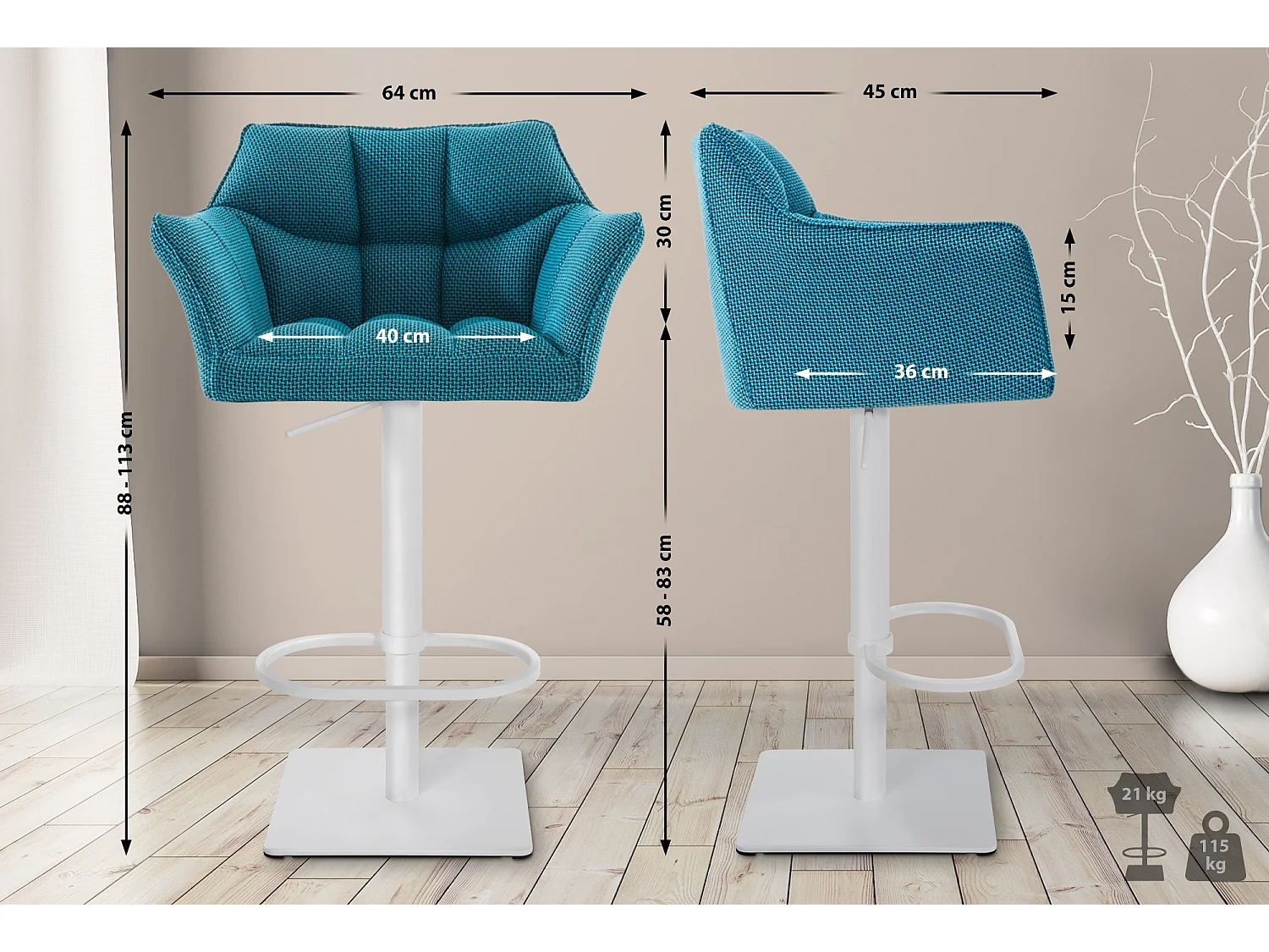 Lot de 2  Tabouret de bar - Tissu & Blanc - Turquoise - Damaso