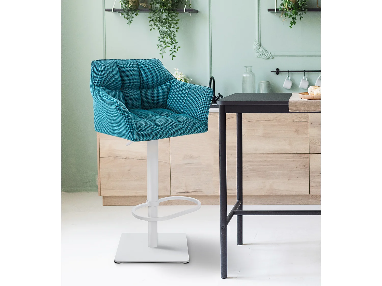 Lot de 2  Tabouret de bar - Tissu & Blanc - Turquoise - Damaso