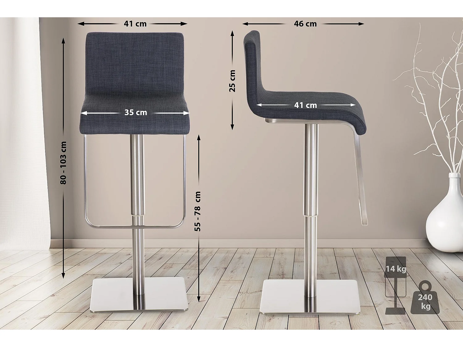 Lot de 2  Tabouret de bar - Tissu & Acier inoxydable - Gris foncé - Limon