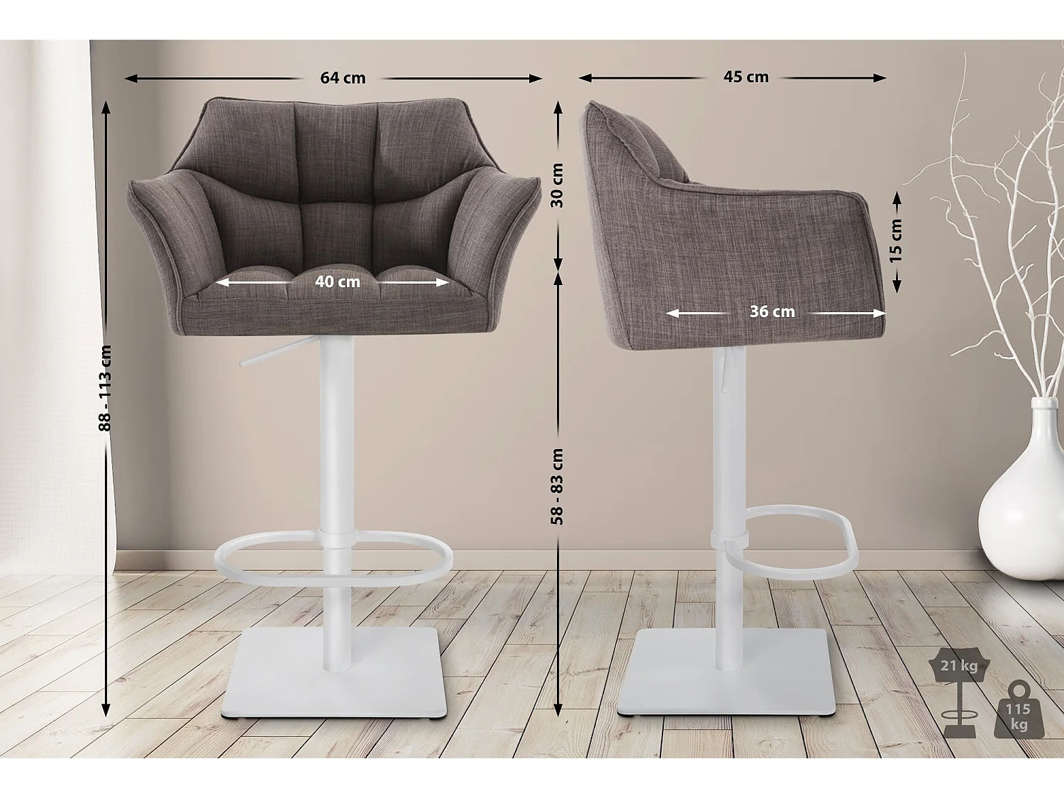 Tabouret de bar - Tissu & Blanc - Gris - Damaso