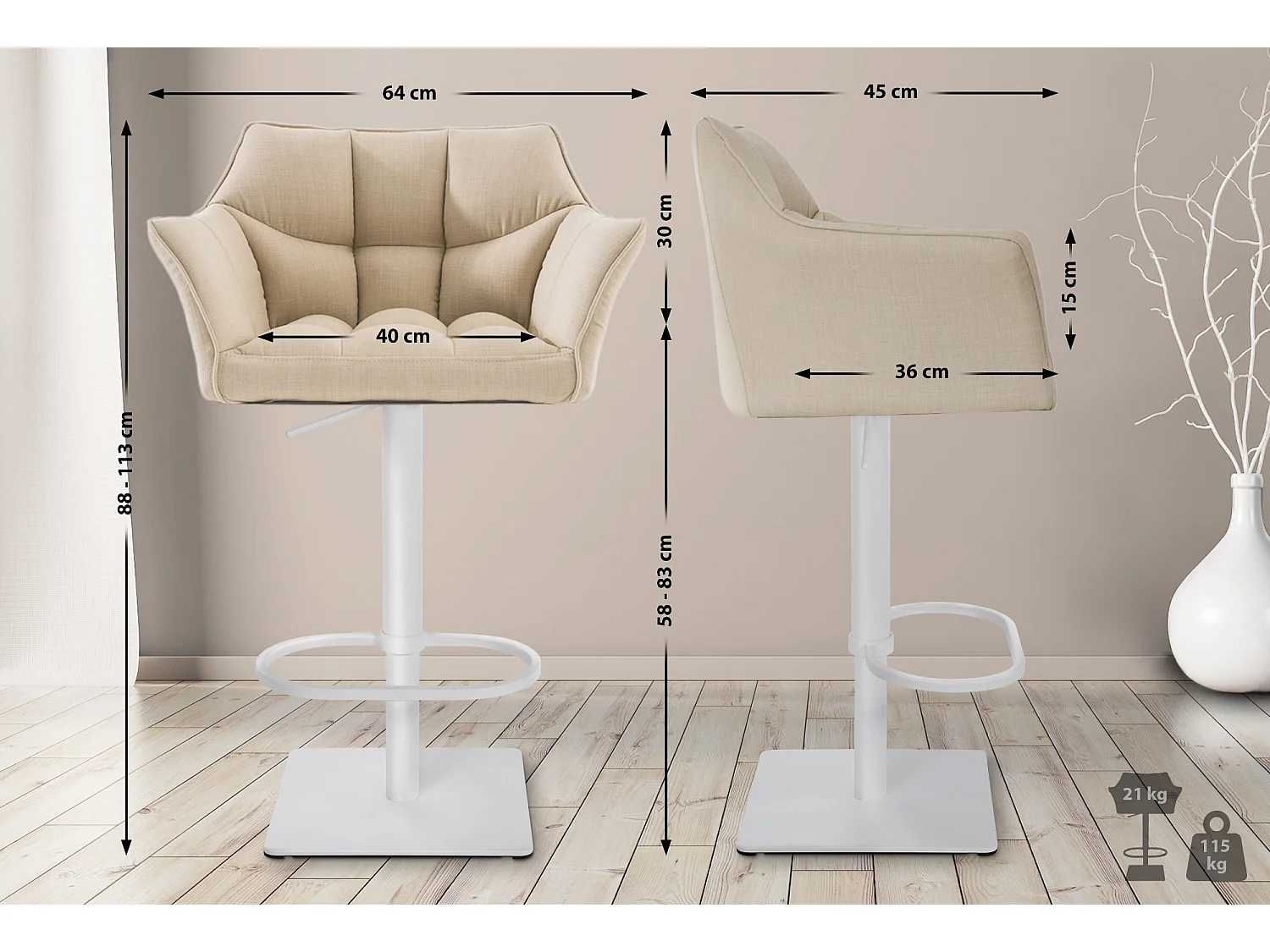 Lot de 2  Tabouret de bar - Tissu & Blanc - Crème - Damaso