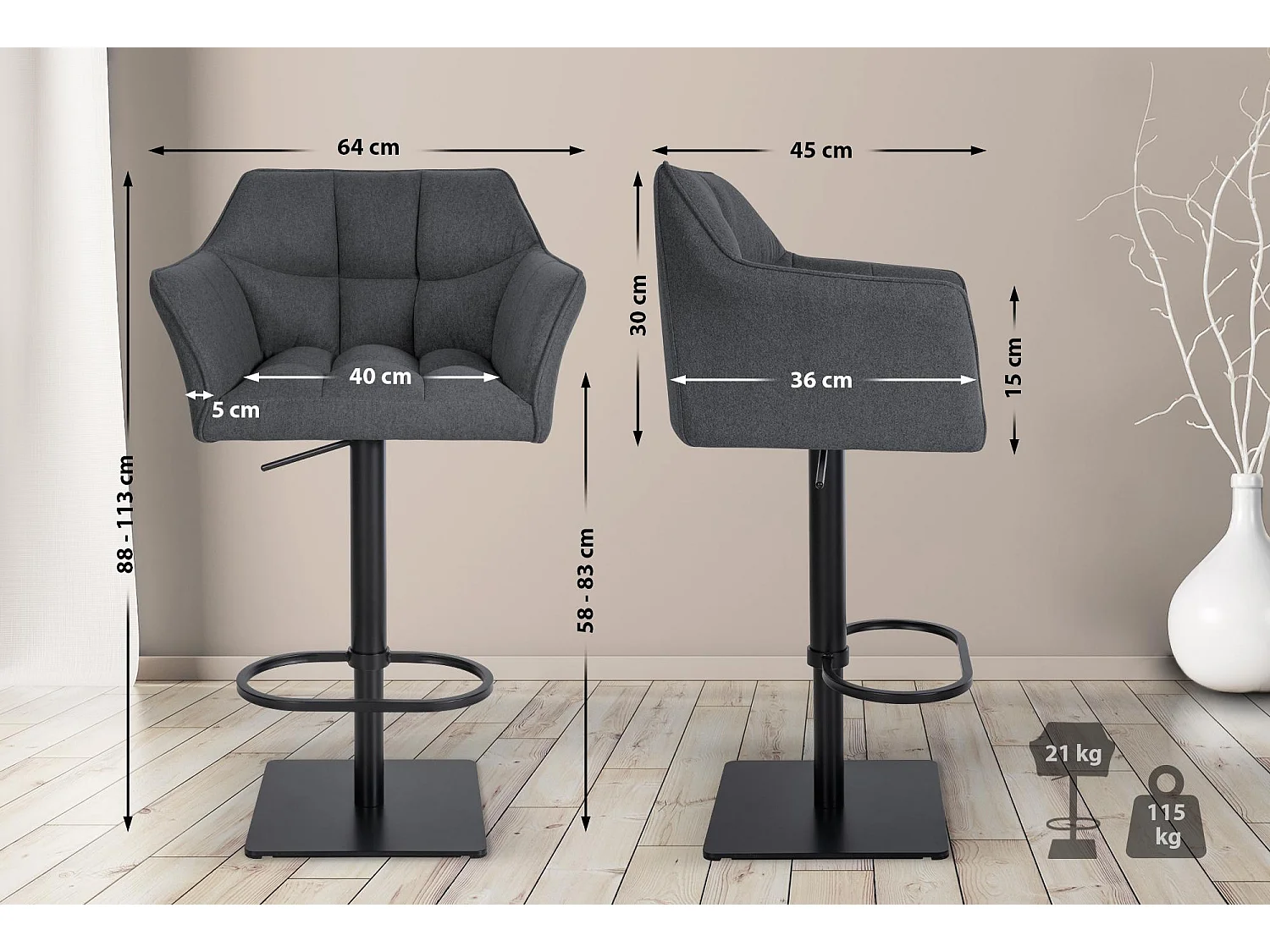 Tabouret de bar - Feutrine & Noir - Gris - Damaso