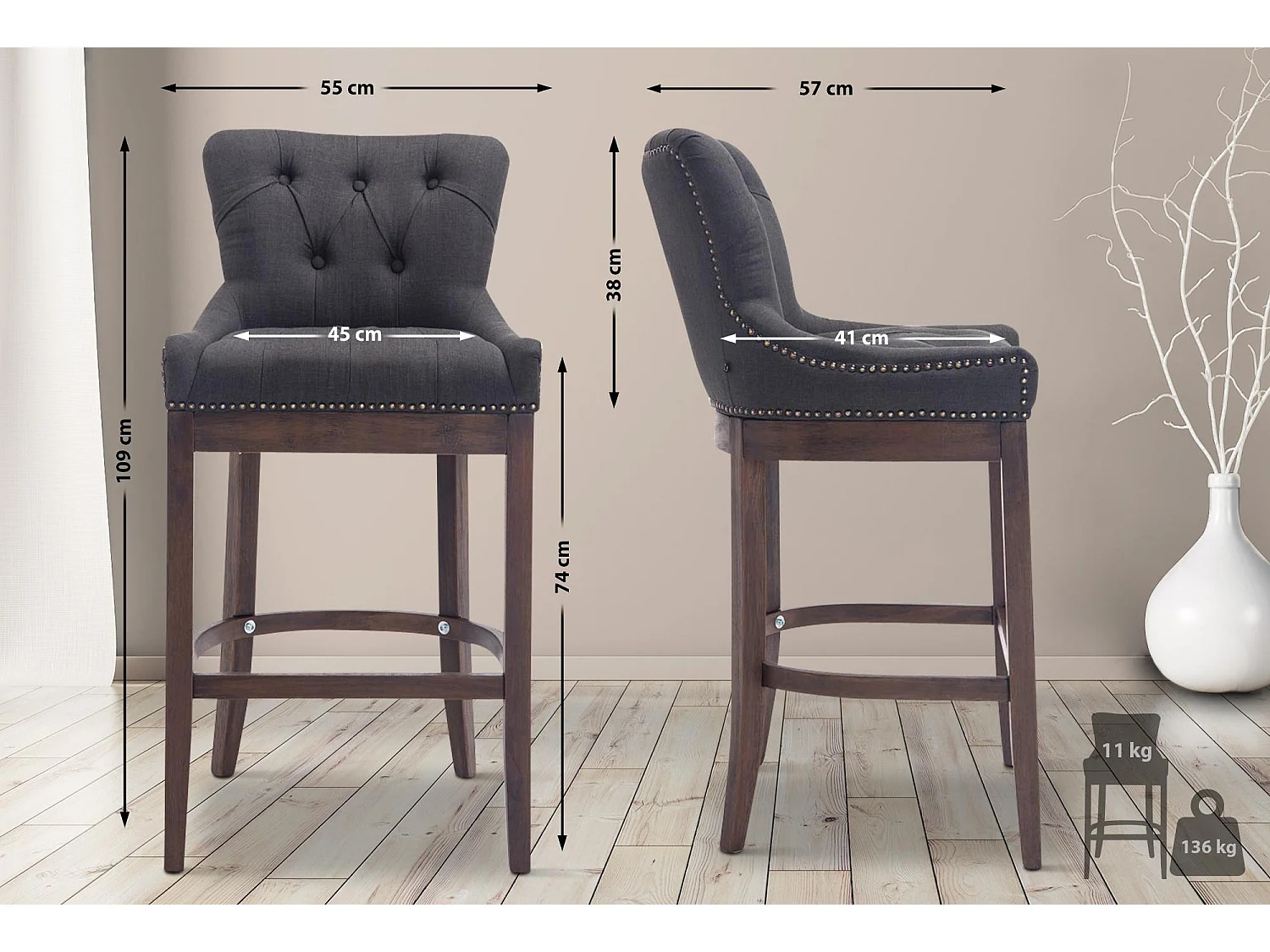 Tabouret de bar - Tissu & Bois - Gris foncé - Lakewood