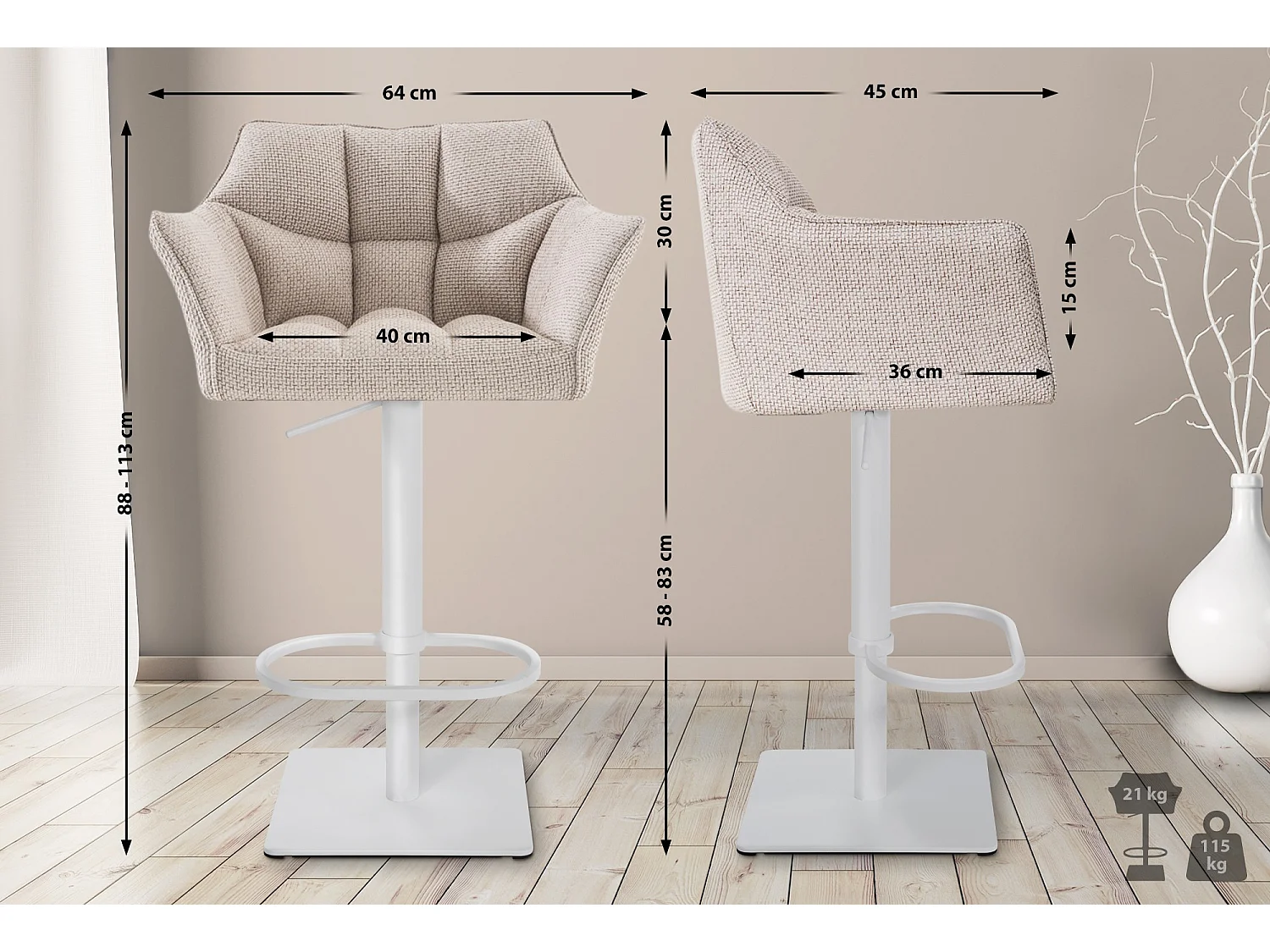 Lot de 2  Tabouret de bar - Tissu & Blanc - Ivoire - Damaso