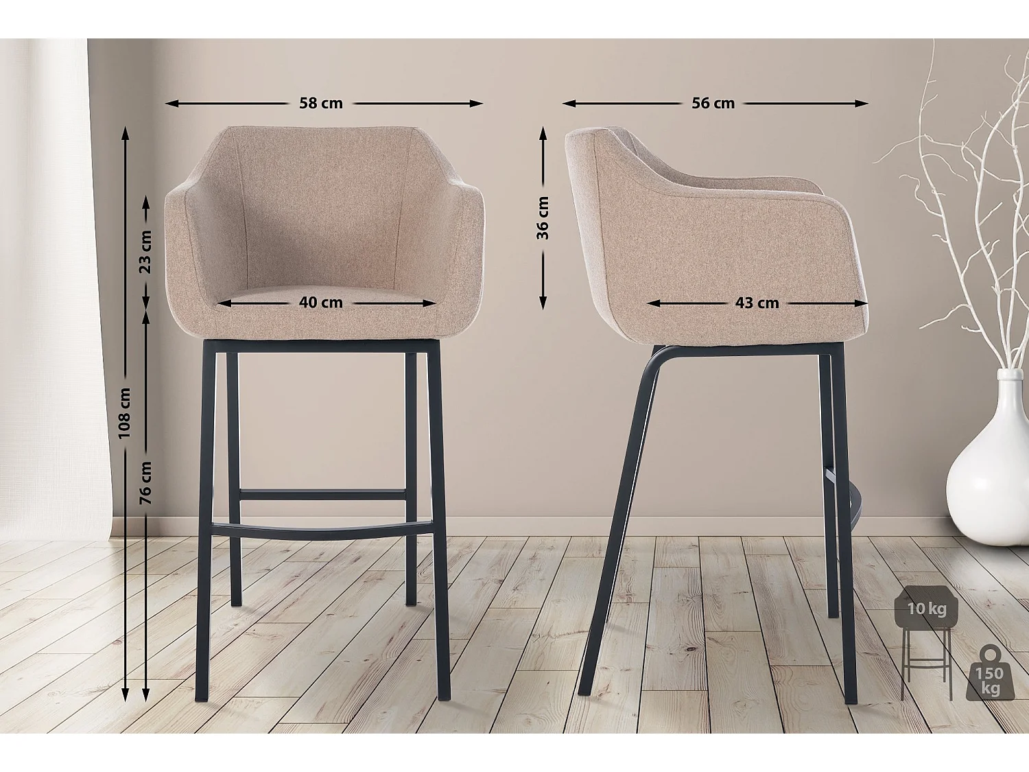 Tabouret de bar - Feutrine & Métal - Taupe - Monea