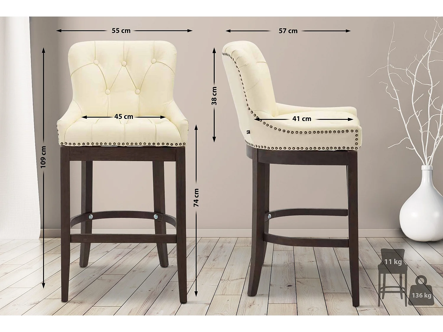 Tabouret de bar - Véritable cuir & Bois - Crème - Lakewood