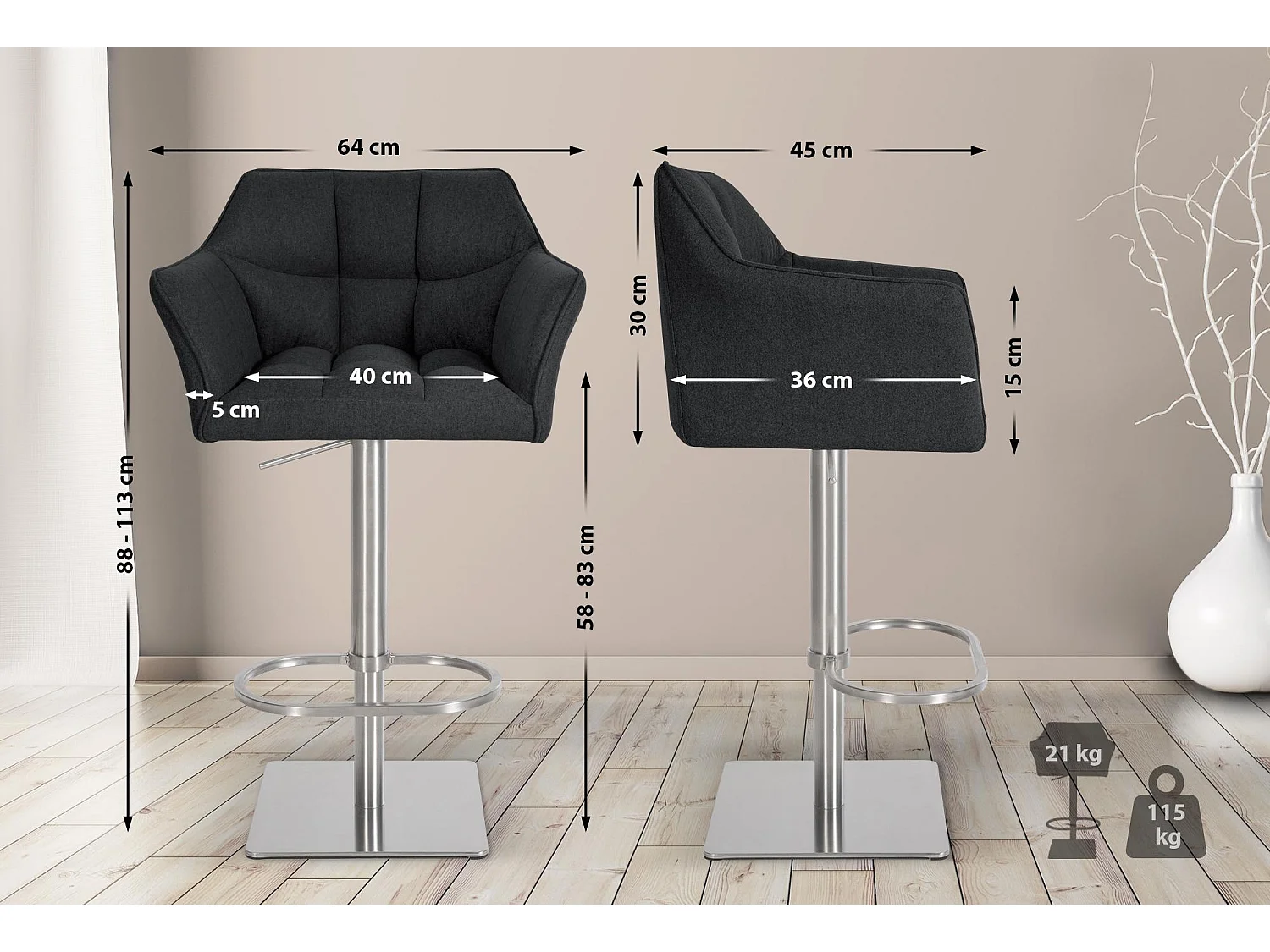 Tabouret de bar - Feutrine & Acier inoxydable - Anthracite - Damaso