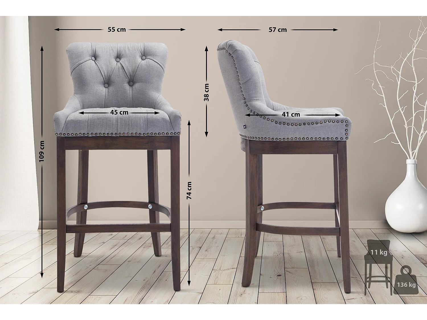 Tabouret de bar - Tissu & Bois - Gris clair - Lakewood