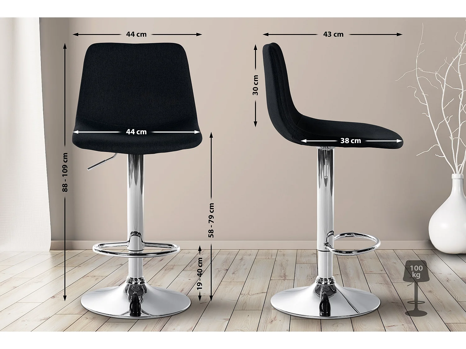 Tabouret de bar - Tissu & Métal - Noir - Divo