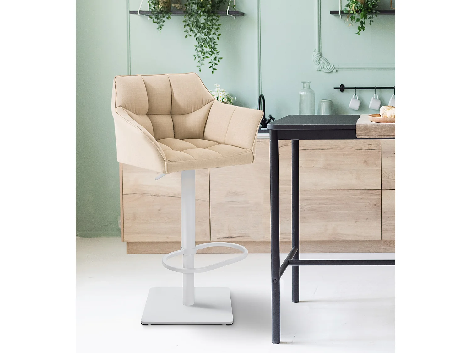 Barhocker - Stoff & weiß - creme - Damaso