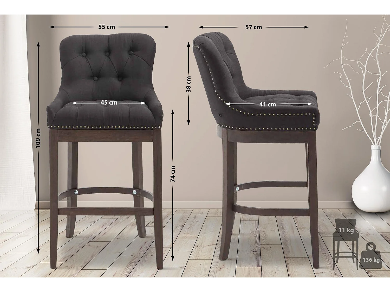 Tabouret de bar - Tissu & Bois - Noir - Lakewood