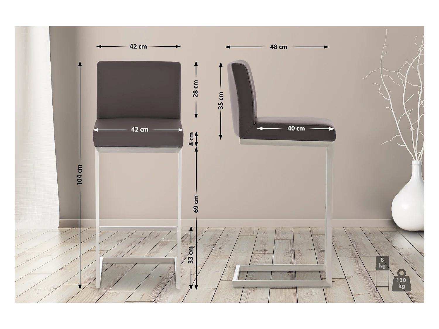 Lot de 2  Tabouret de bar - Similicuir - Marron - Paros