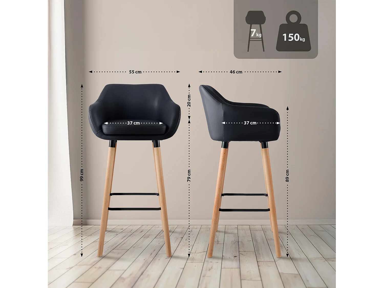 Lot de 2  Tabouret de bar - Similicuir & Noir - Noir - Grant