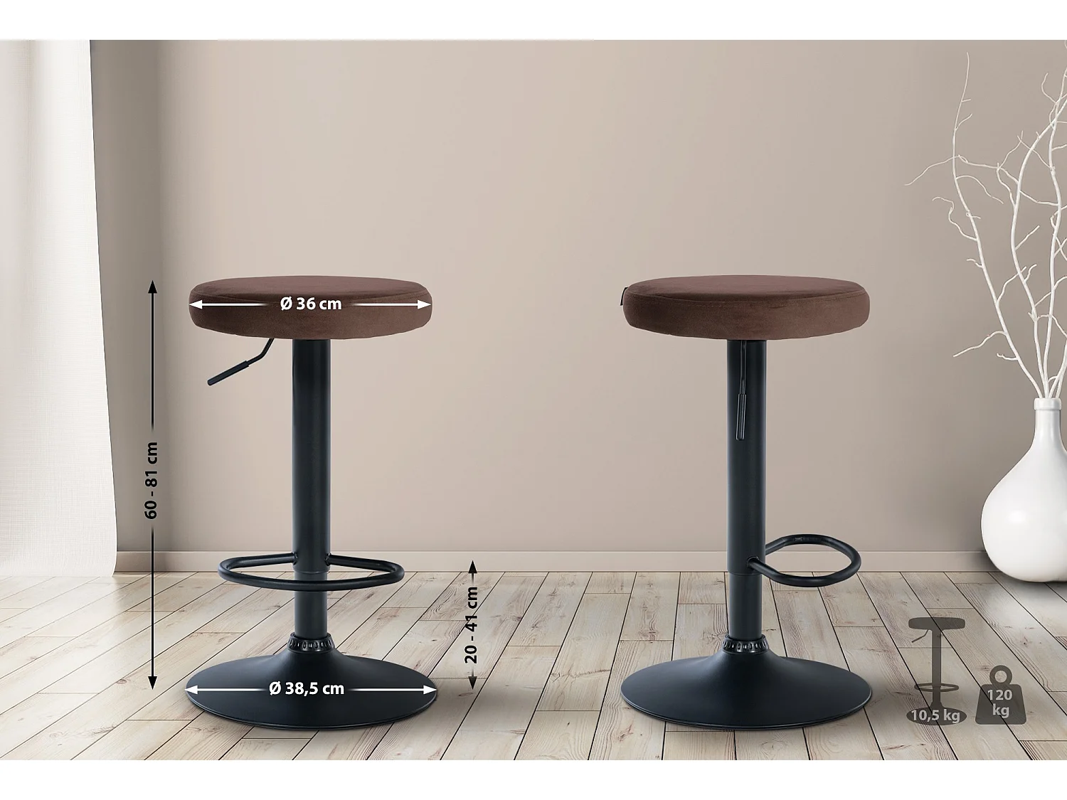Lot de 2  Tabouret de bar - Velours & Métal noir mat - Marron - Ponte