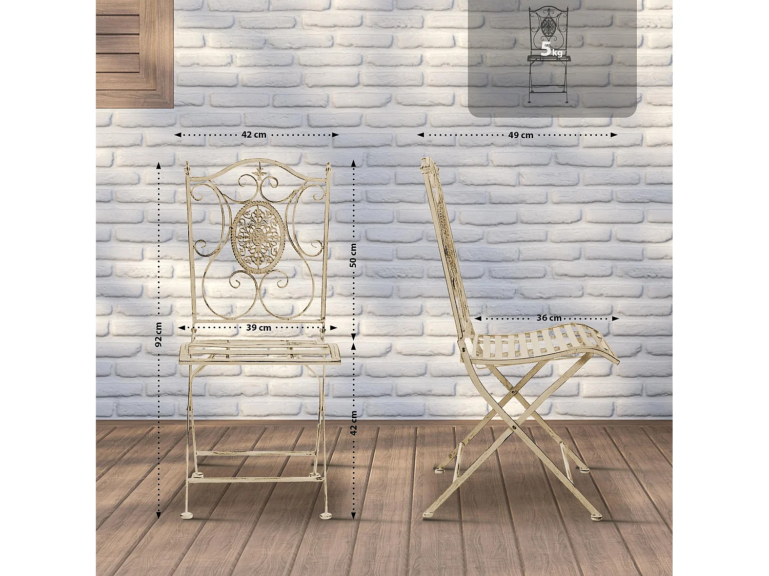 Lot de 2  Chaises de jardin - Métal - Crème antique - Sibell