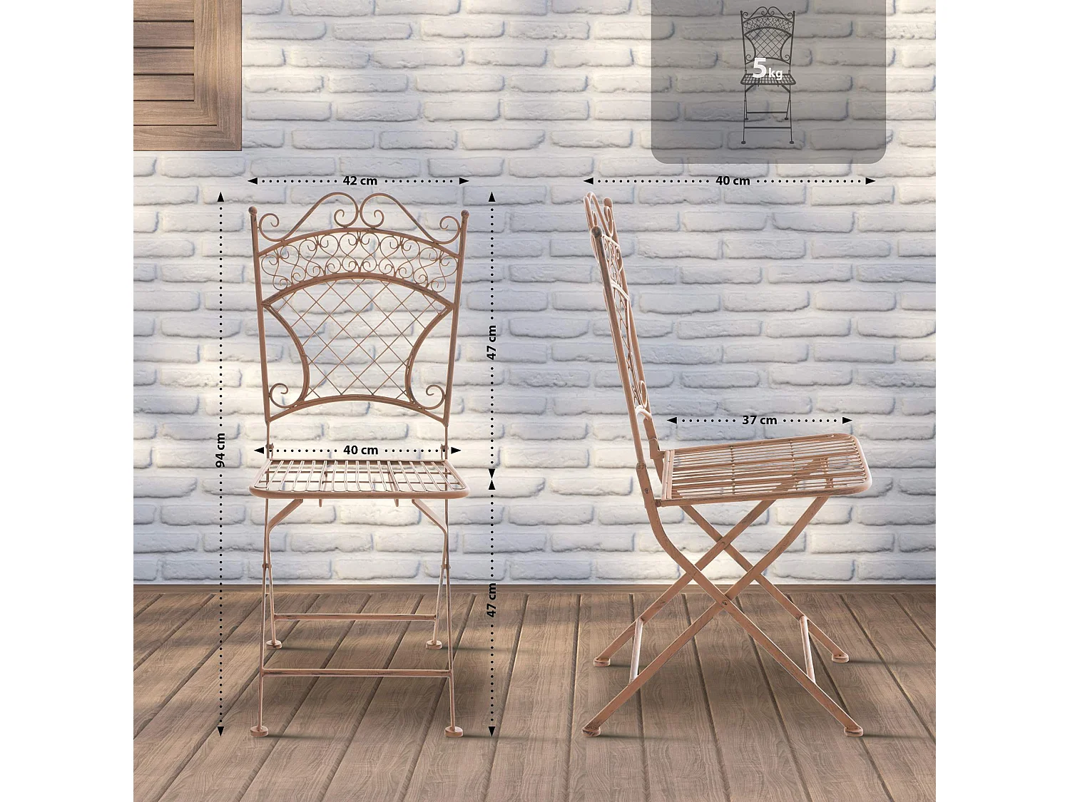 Lot de 2  Chaises de jardin - Métal - Marron antique - Adelar