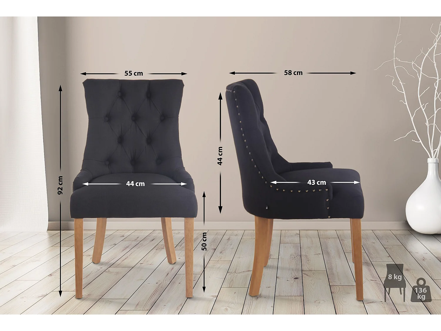 chaise salle à manger - Tissu & Antique clair - Noir - Aberdeen