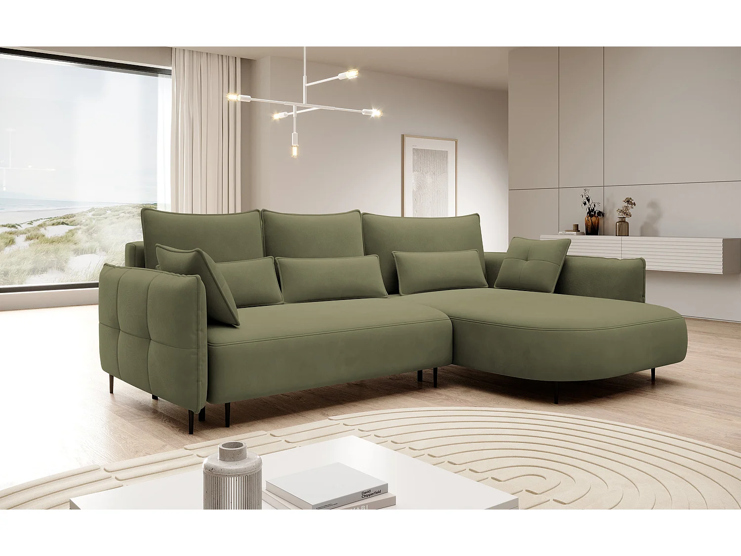 Hoekbank - met L-vormige slaapfunctie met opbergruimte - olijfgroen fluweel - rechterkant - OBLIVIO