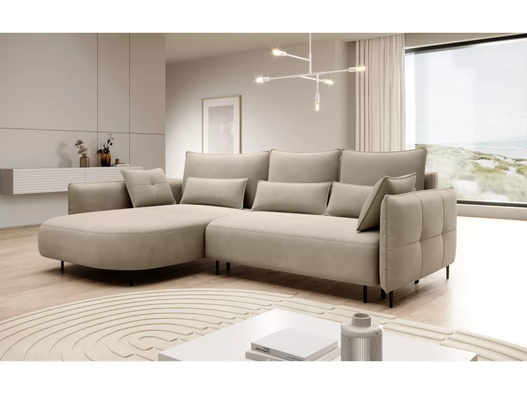 Kauf Unique Ecksofa mit Schlaffunktion - Bettkasten - Veloursbezug wasserabweisend Hellbeige - Ottomane links - OBLIVIO