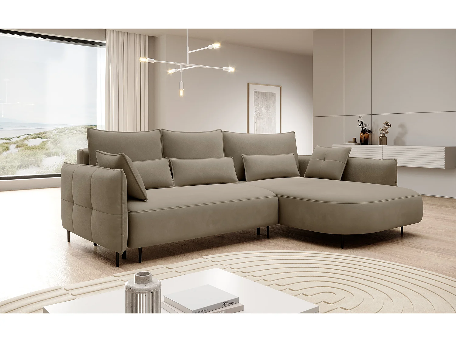 Hoekbank - met L-vormige slaapfunctie met opbergruimte - lichtbruin fluweel - rechterkant - OBLIVIO