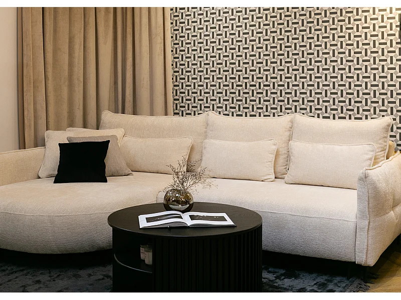 Ecksofa mit Schlaffunktion - Bettkasten - Chenille-Bezug Creme - Ottomane links - OBLIVIO