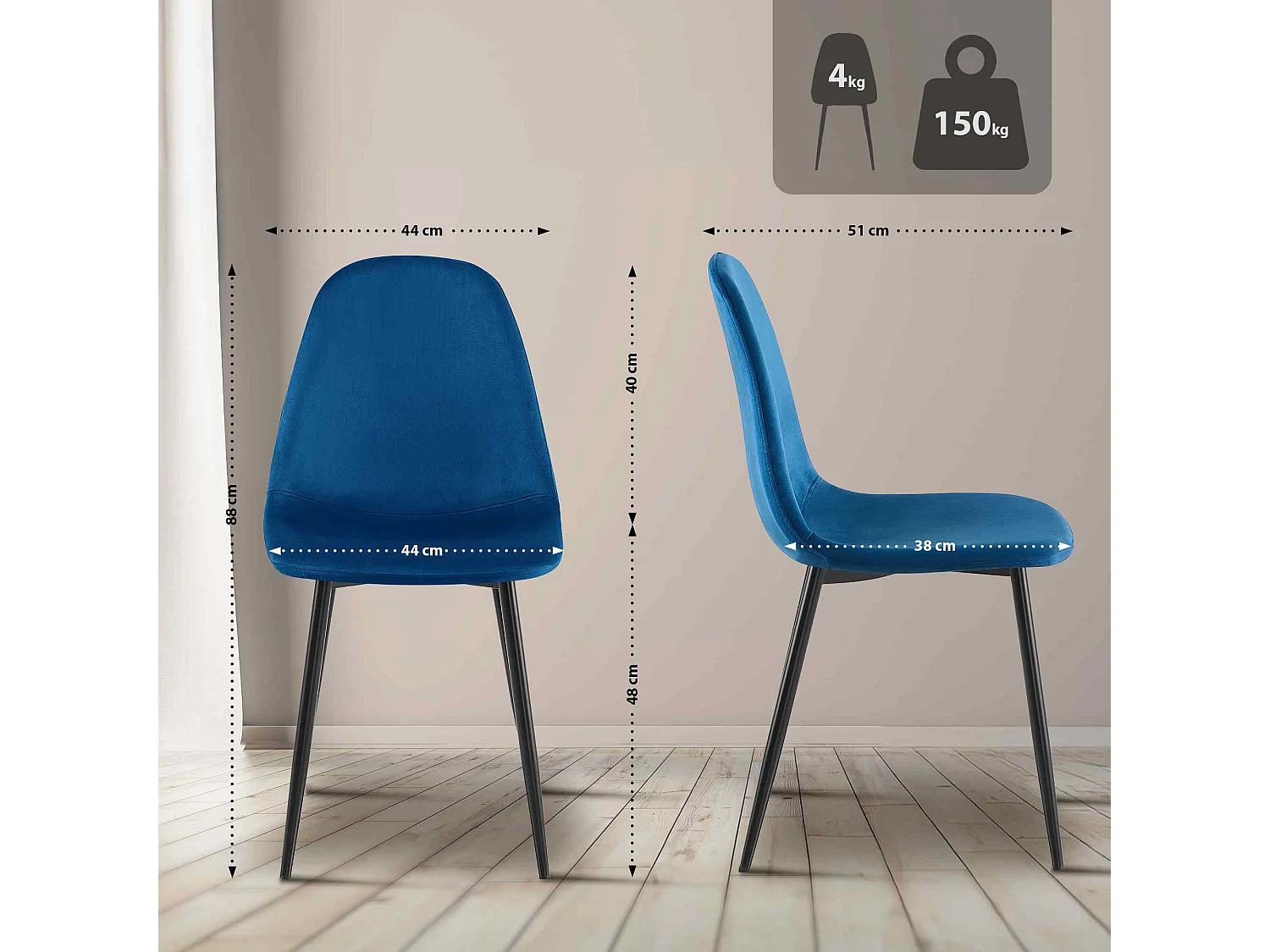 Set van 4  Eetkamerstoelen - Fluweel - blauw - Napier