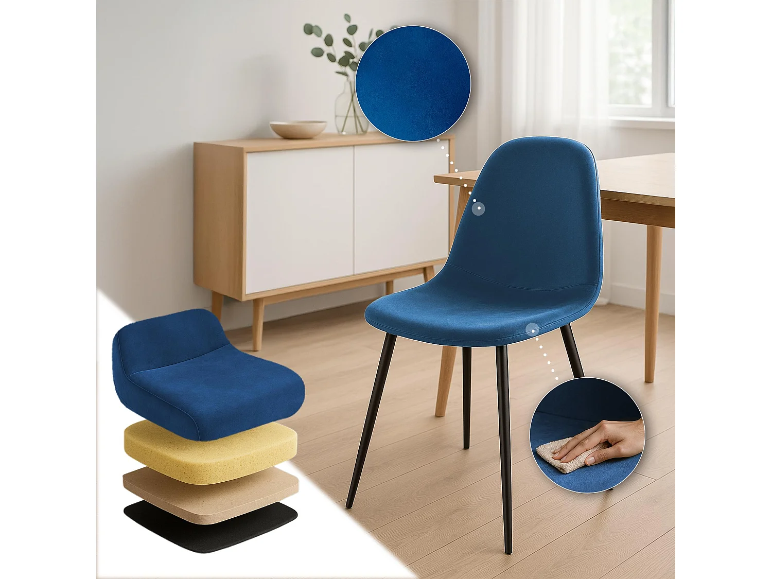 Set van 4  Eetkamerstoelen - Fluweel - blauw - Napier