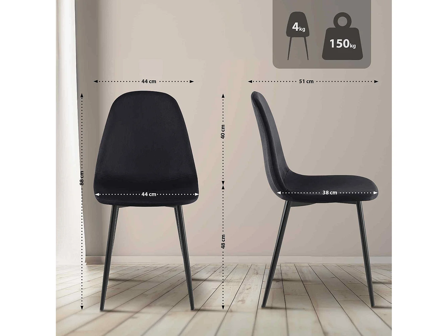 chaise salle à manger - Velours - Noir - Napier