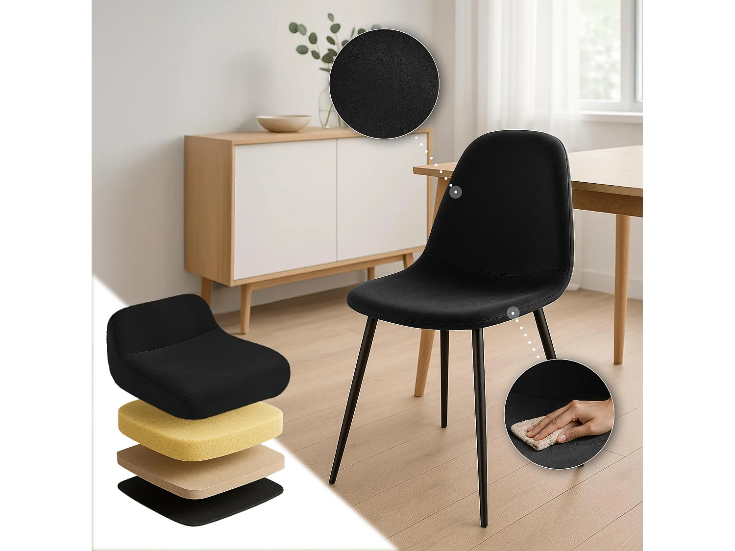 Lot de 4  chaise salle à manger - Velours - Noir - Napier