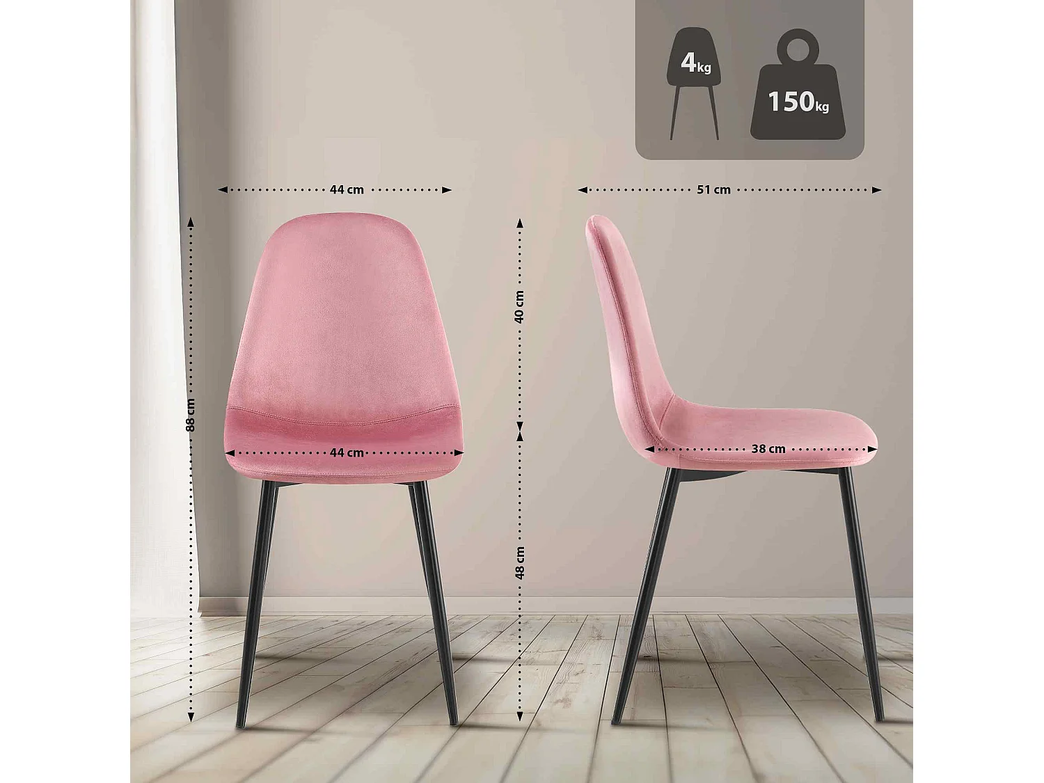 Lot de 4  chaise salle à manger - Velours - Rose - Napier